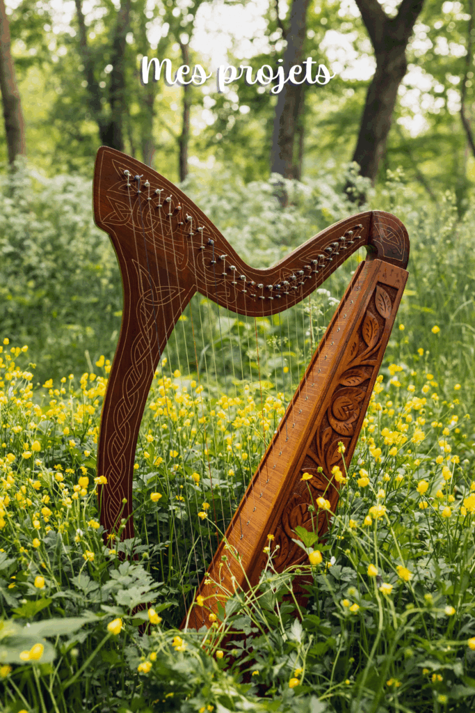 Petite harpe celtique posée dans des fleurs